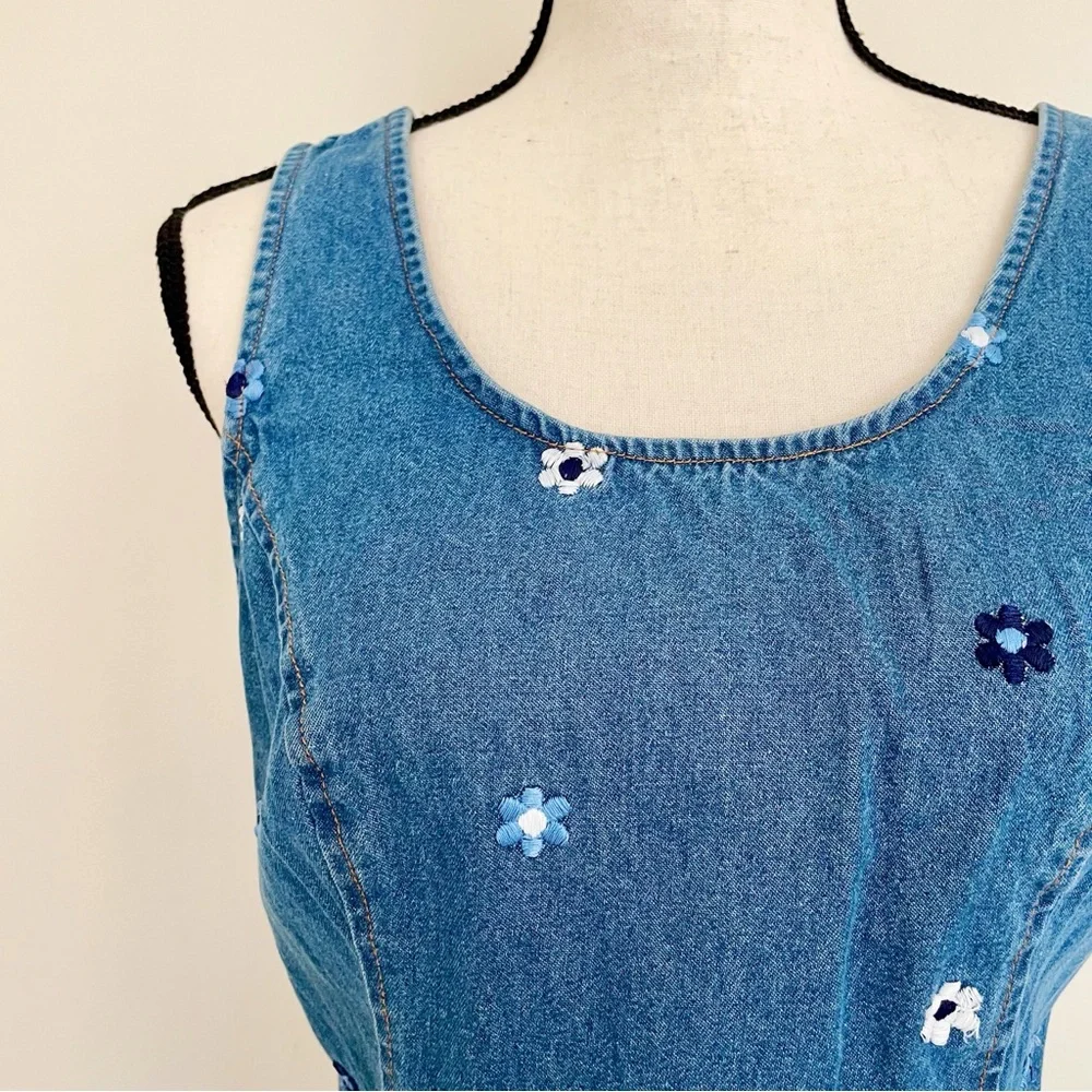 SOLD :: Vintage 90s Floral Embroidery Denim Mini Dress - Picture 4 of 6